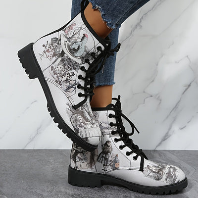 Glamorous Women's Gothic Ankle Boots: Chunky Low Heel Lace-Up Combat Boots for a Bold Style Statement