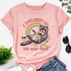 Ravishing Raccoon: Rainbow Print Crew Neck T-Shirt, a Playful and Stylish Addition to Your Spring-Fall Wardrobe