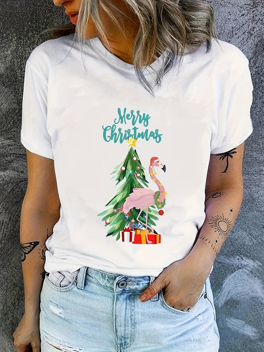 This Festive Flamingo Delight T-Shirt for Women will add a touch of holiday cheer to your wardrobe. The playful flamingo design incorporates a Christmas tree print, perfect for spreading Christmas joy. The casual crew neck and short sleeves make it a comfortable and versatile option for any occasion.