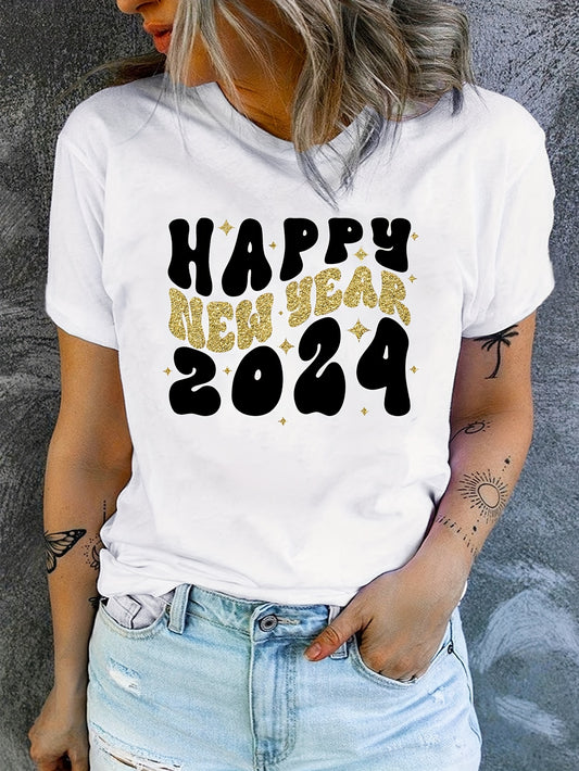 Celebrate the new year with joy and style in this 2024 Happy New Year Print T-Shirt. Made with care, this casual crew neck top is perfect for daily wear and will bring a touch of happiness to any outfit. Crafted for women's clothing, embrace the new year in comfort and fashion.