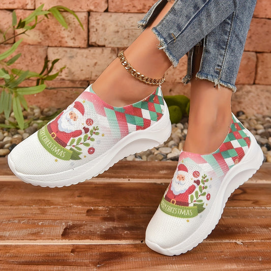 Festive Fun: Women's Santa Claus Pattern Sneakers - Lightweight Casual Slip-Ons for Christmas
