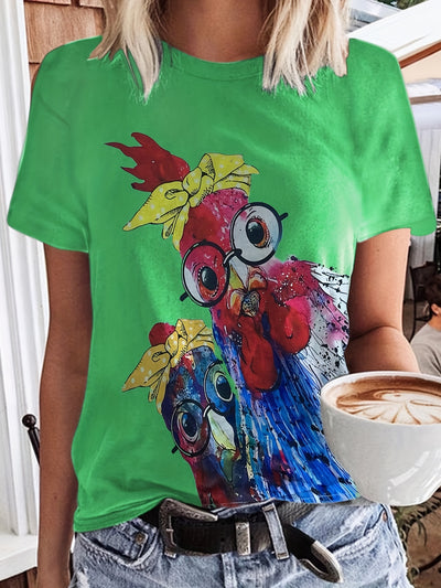 Cartoon Chicken Delight: Women's Casual Short Sleeve T-shirt with Quirky Print for Spring/Summer
