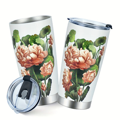 20oz Lotus Stainless Steel Car Cup: Stylish 3D Printing Pattern, Vacuum Insulation, with Straw and Lid