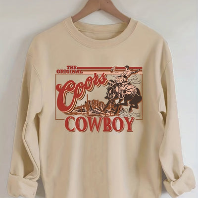 Cowboy Print Pullover Women's Sweatshirt, Casual Long Sleeve Crew Neck Sweatshirt For Spring & Fall, Women's Clothing