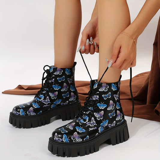 Experience comfort and style with these Women's Butterfly Printed Ankle Boots. Featuring a platform and lace-up design, these boots are crafted with durable canvas to provide you with long-lasting wear. The butterfly pattern adds eye-catching detail for a unique, feminine look.