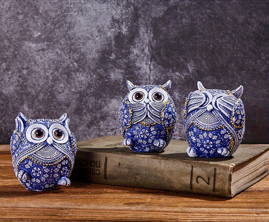 Whimsical Owls Trio: Charming Blue and White Art Decor Ornaments for a Playful Home Decor Touch!