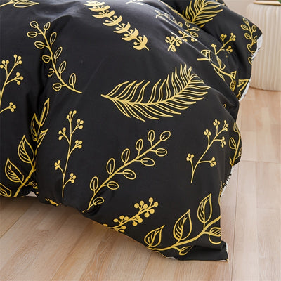 Golden Floral Print Duvet Cover Set: Stylish and Comfortable Bedding for All Seasons - Includes 1 Duvet Cover and 2 Pillowcases (No Core)