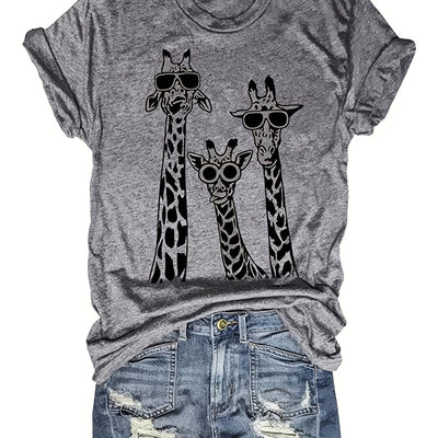 Funny Cartoon Giraffe with Glass Print Crew Neck T-Shirt, Casual Short Sleeve T-Shirt For Spring & Summer, Women's Clothing