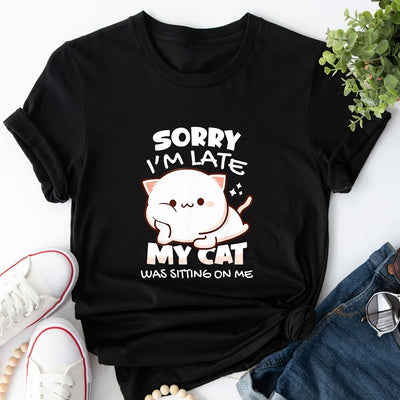 Cartoon Cat Pattern T-Shirt, Crew Neck Short Sleeve Casual Top For Summer & Spring, Women's Clothing