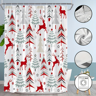 Abstract Christmas Tree Reindeer Winter Snowflakes Shower Curtain: Festive Bathroom Decoration for the New Year