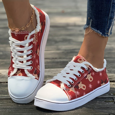 Stylish Women's Christmas Reindeer Pattern Sneakers: Trendy Raw Trim Canvas Shoes for Casual Comfort and Festive Flair