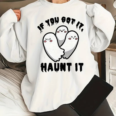 Cute Ghost Print Sweatshirt: Spooktacular Style for Plus-Size Halloween Enthusiasts