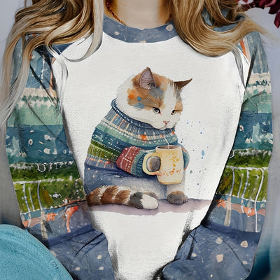 Adorable Feline Frenzy: Women's Cute Cat Print Crew Neck Sweatshirt - Casual, Long Sleeve & Drop Shoulder