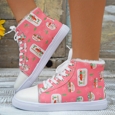 Cute and Cozy: Women's Cartoon Print Canvas Shoes - Casual, Plush-Lined High Tops