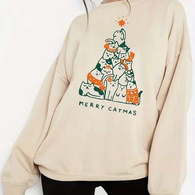 Christmas Cute Cat Print Sweatshirt: Stay Cozy and Festive in This Casual Crew Neck Long Sleeve Sweater for Women