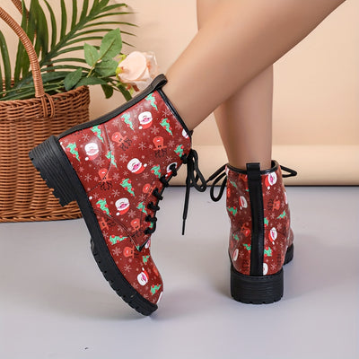 Festive and Fun: Women's Christmas Cartoon Print Ankle Boots - Get into the Holiday Spirit with These All-Match Outdoor Boots!