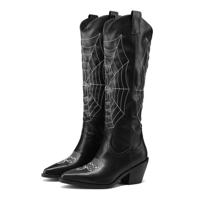 Women's Chunky Heel Spider Web Print Knee-High Boots: Stylish and Comfortable Slip-On Long Boots