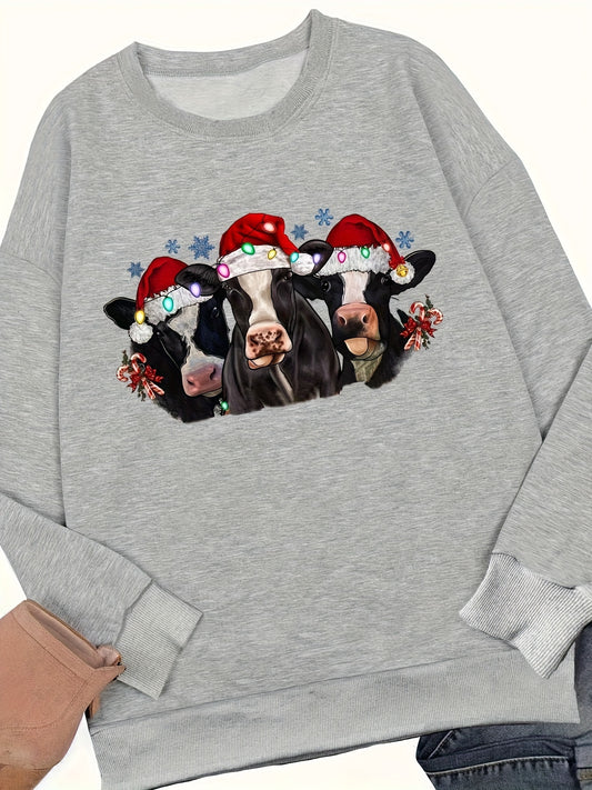 Stay Cozy and Stylish this Fall/Winter with Festive Fashion's Christmas Cow Print Pullover Sweatshirt for Women. This stylish and comfortable pullover features a unique cow print design perfect for the festive season. Keep warm this season and look great doing it!