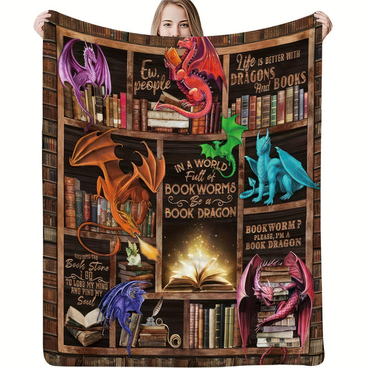 Snuggle Up with a Dragon & Books Printed Flannel Blanket - Soft & Comfy for Kids & Adults at Home, Picnics, & Travel!