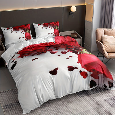 Love Rose Print Duvet Cover Set: Soft and Comfortable Bedding for Bedroom and Guest Room(1*Duvet Cover + 2*Pillowcases, Without Core)