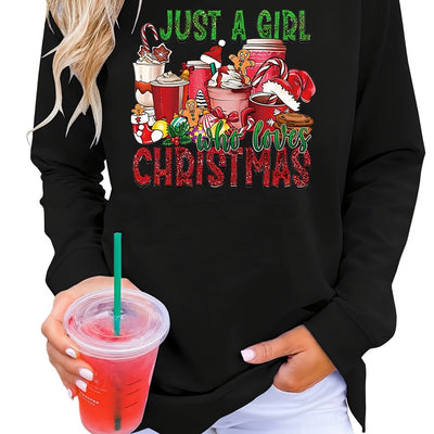 Festive Christmas Graphic Letter Pattern Sweatshirt: A Cozy Crew Neck for Women's Fall/Winter Wardrobe