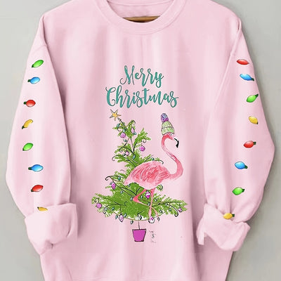 Tropical Twist: Christmas Tree Flamingo Print Pullover Sweatshirt - A Comfy and Stylish Addition to Your Winter Wardrobe!