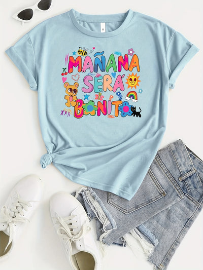 Cartoon & Colorful Letter Print T-Shirt, Short Sleeve Crew Neck Casual Top For Summer & Spring, Women's Clothing