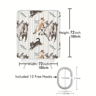 Adorable Cat Pattern Shower Curtain: Waterproof, Funny & Decorative Bathroom Accessory with Hooks