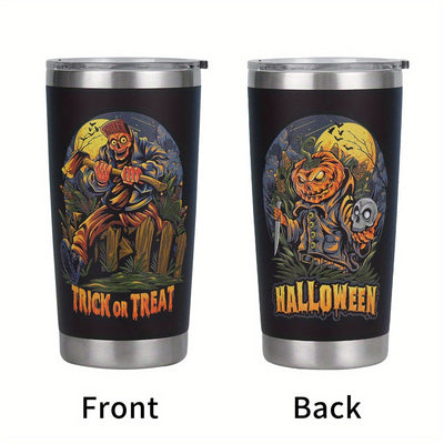 20oz Stainless Steel Halloween Pumpkin Pattern Tumbler with Lid and Straw - Double Walled Insulated Water Bottle for Cold Drinks, Perfect for Summer and Winter Travel