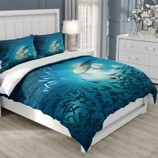 Shark Print Polyester Duvet Cover Bedding Set: Soft and Comfortable for Bedroom and Guest Room - Includes 1 Duvet Cover and 2 Pillowcases (No Core)