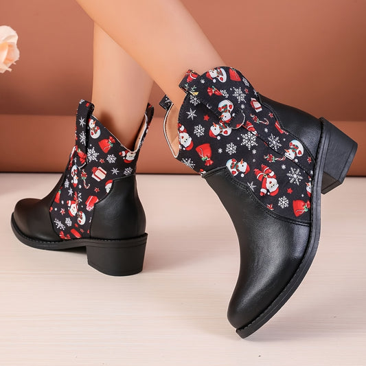 Festively Fun Women's Cartoon Pattern Boots: Slip On, Comfortable Block Heel, Trendy Design - Perfect for Christmas!