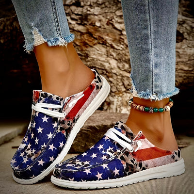 Patriotic Women's Flag and Leopard Pattern Canvas Slip-On Shoes - Lightweight and Comforrtable and Versatile Walking Shoes - Perfect for the 4th of July!