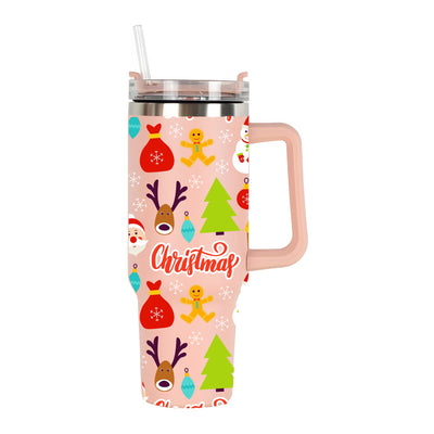 40oz Christmas Tumbler: Insulated Stainless Steel Water Bottle with Lid - Perfect Summer Drinkware for Car, Home, Office and Travel - Portable Cup with Handle - Ideal Birthday and Christmas Gifts