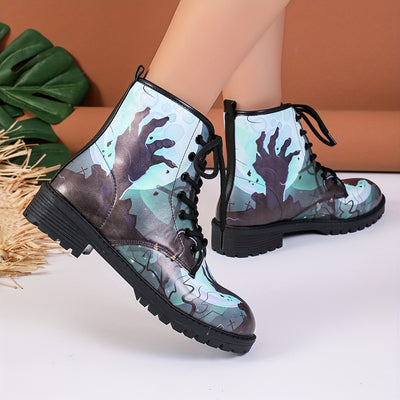 Step into the Spooky Season with Women's Halloween Style Ankle Boots: Horror-inspired Zombie Print Combat Boots for Casual Chic