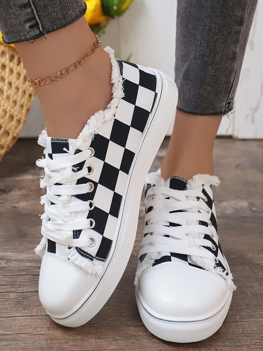 Stylish and Comfortable Women's Checkerboard Pattern Lace-Up Canvas Shoes