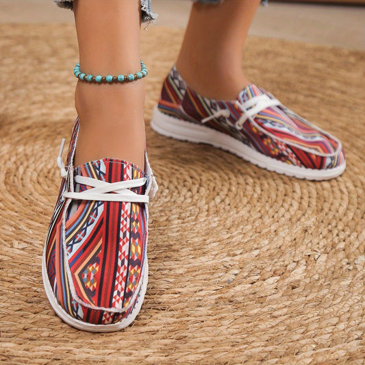 Women's Tribal Style Pattern Canvas Shoes, Geometric Pattern Round Toe Low Top Loafers