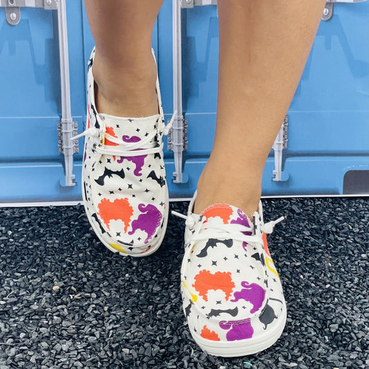 Funny Lace-Up Canvas Shoes: Comfortable and Lightweight Halloween Print Slip-On Flats for Women