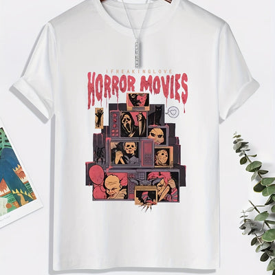 Spooky Street Style: Halloween Horror Movies Print T-Shirt - A Men's Casual Round Neck Tee for Summer