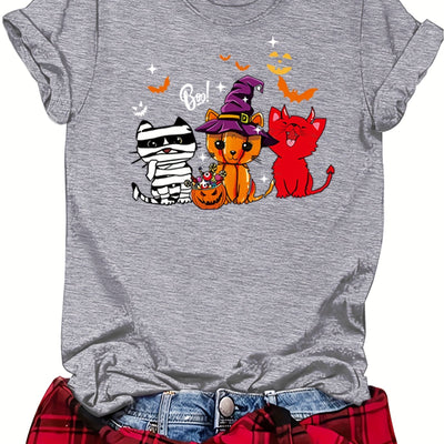 Halloween Cat Pattern Crew Neck T-Shirt: A Spooktacular Summer Top for Women