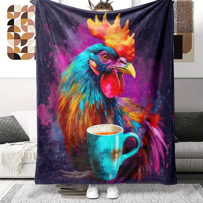 Cozy Colorful Rooster Print Flannel Blanket - Perfect for Couch, Sofa, Office, Bed, Camping or Travelling