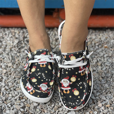 Festive and Fun: Women's Cartoon Santa Claus Print Shoes - Comfortable Lace-Up Low Top Walking Shoes - Fashionable Christmas Shoes