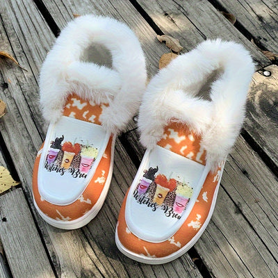 Cozy and Stylish Drinks Print Plush Boat Shoes: Your Perfect Winter Warmers for Casual Outdoor Comfort!