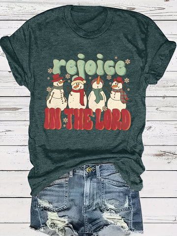 Frosty Fun: Christmas Snowman Print T-Shirt - Casual Short Sleeve Crew Neck Top for Women
