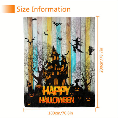 Halloween Elements Blanket: Cozy Up with Dark Castle, Pumpkin, Witch, and Bat Print Flannel Blanket - Perfect for Couch, Sofa, Office, Bed, Camping, and Traveling