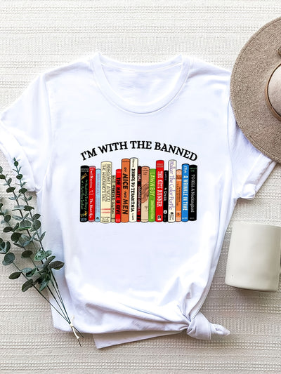Books and Letters: Casual Crew Neck Short Sleeve Top for Stylish Women's Spring/Summer Wardrobe