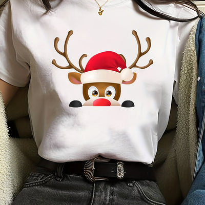 Festive and Stylish: Christmas Deer Print Crew Neck T-Shirt - A Must-Have for Spring and Summer Fashionistas!