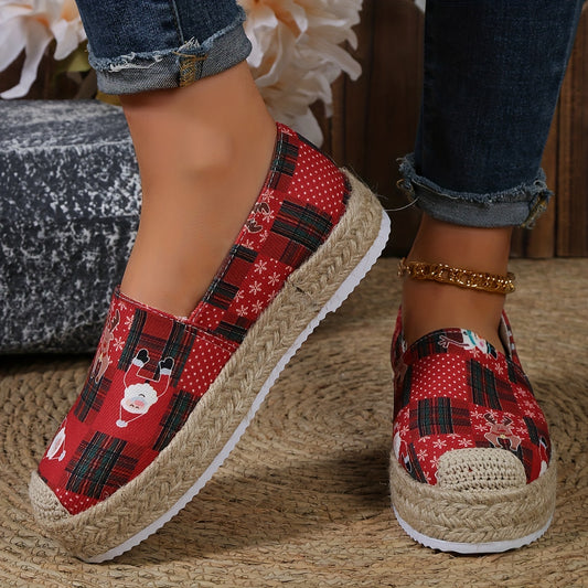 Stay festive in style with these Women's Christmas Santa Claus Pattern Espadrille Loafers. Featuring a stylish slip-on style, these shoes will complete your casual holiday ensembles. Your feet will remain comfortable and stylish all season long.