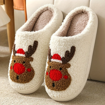 Festive Cartoon Christmas Deer Print Slippers: Slip-On, Non-Slip, Warm and Cozy Indoor Shoes