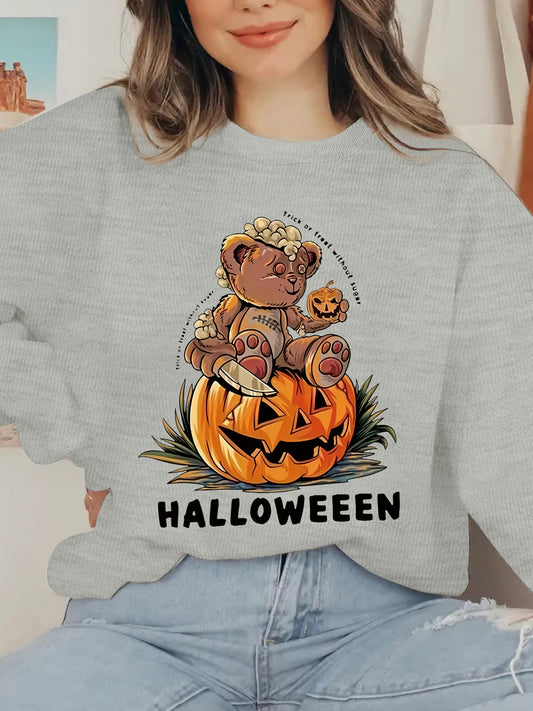 This Horror Bear Pumpkin Slogan Print Plus Size Halloween Sweatshirt is the perfect addition to your Fall/Winter wardrobe. Featuring a stylish print and relaxed fit, this casual top is designed to flatter plus size women. Enjoy comfort and style with this classic design.