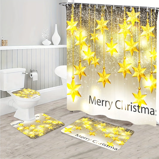 Transform your bathroom into a festive winter wonderland with our Golden Star Christmas Shower Curtain Set. Crafted with holiday-inspired design and durable materials, this set is the perfect addition to your seasonal decor. Make a statement and elevate your holiday spirit with this must-have bathroom accessory.